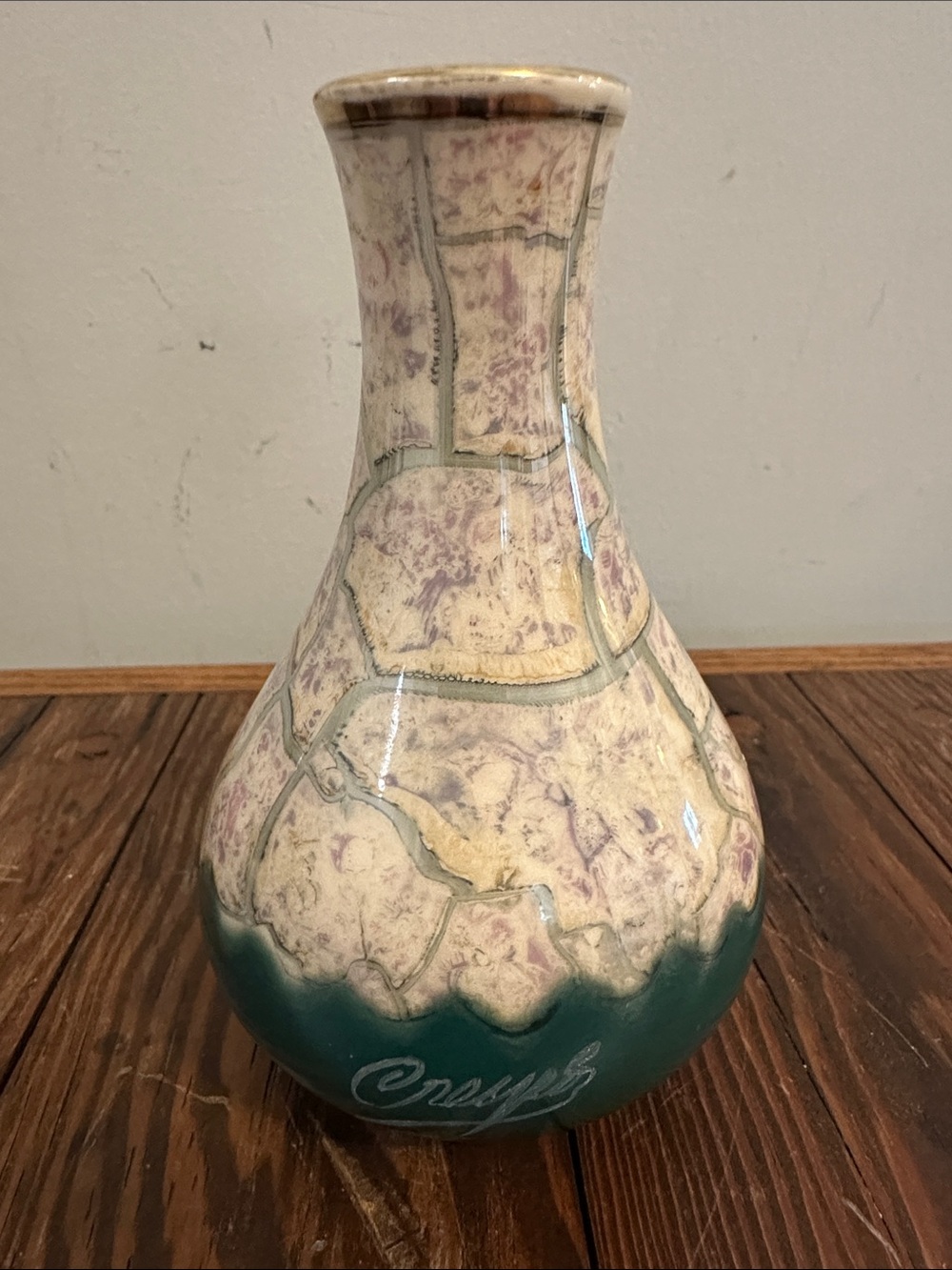 Crackle-Glazed Green and Cream Ceramic Vase by (unspecified)